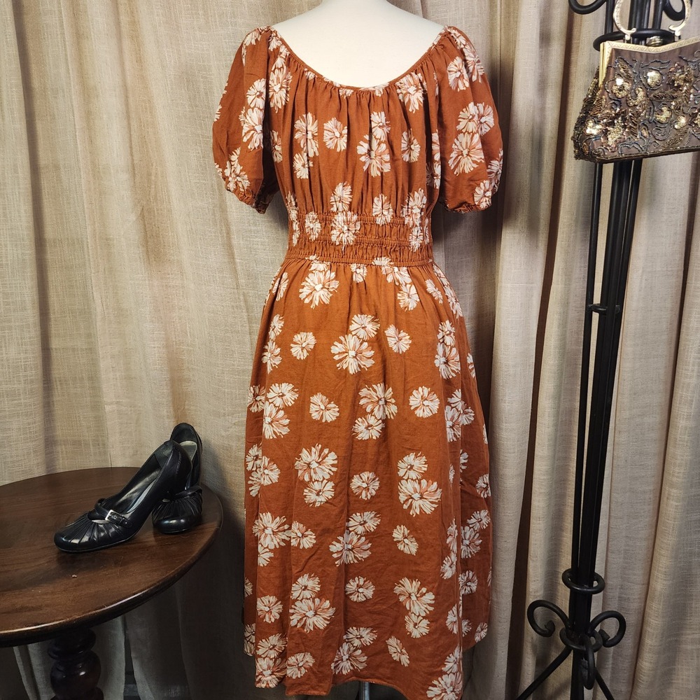 Madewell XL Linen Blend Floral Dress Puff Sleeve Smocked Waist Cottagecore - Picture 3 of 10